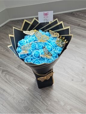 Elegant Blue Foam Rose Bouquet with Gold Butterfly Accents